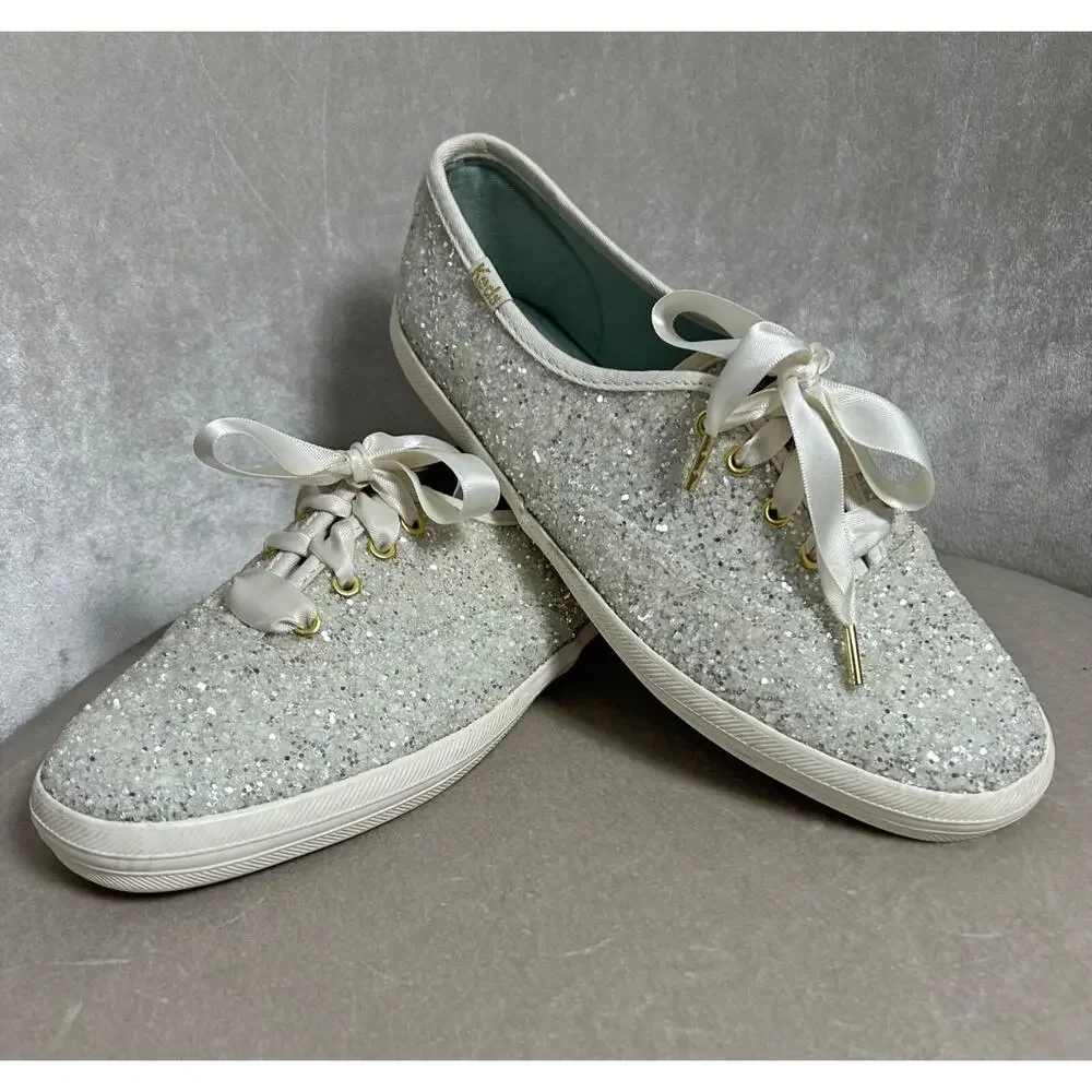 NEW! Keds X Kate Spade New York Champion White Glitter Sneakers w/ Ribbon, 6.5
